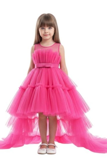 Toddler Girls Bow Front Ruffle Hem Mesh Gown Dress with Long Tail Hot Pink