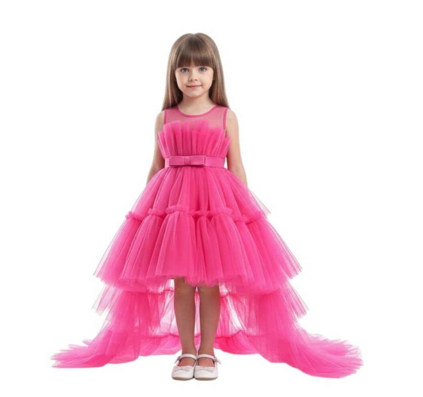 Toddler Girls Bow Front Ruffle Hem Mesh Gown Dress with Long Tail Hot Pink