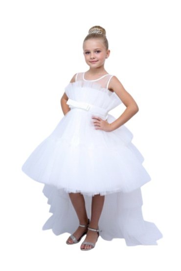 Toddler Girls Bow Front Ruffle Hem Mesh Gown Dress with Long Tail White