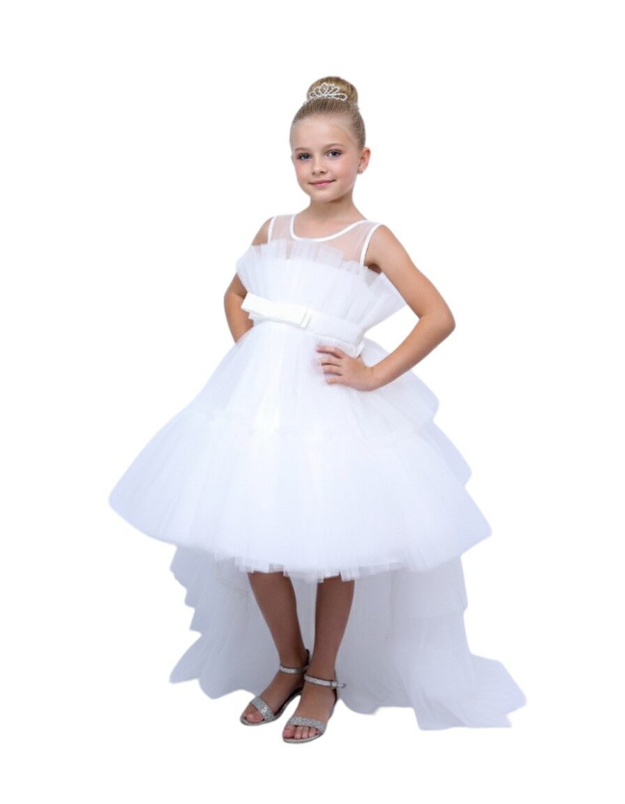 Toddler Girls Bow Front Ruffle Hem Mesh Gown Dress with Long Tail White