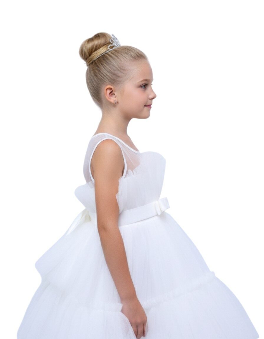 Toddler Girls Bow Front Ruffle Hem Mesh Gown Dress with Long Tail White – photo 2