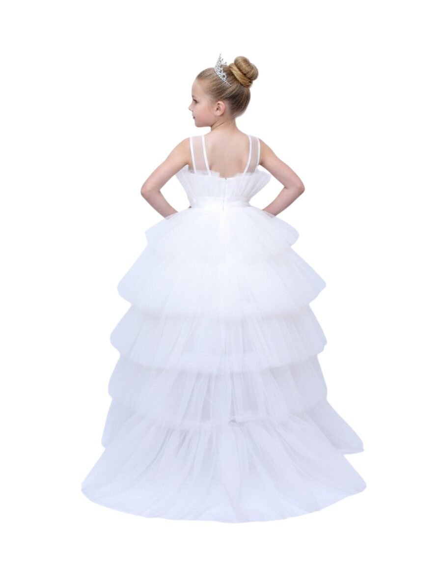 Toddler Girls Bow Front Ruffle Hem Mesh Gown Dress with Long Tail White – photo 3