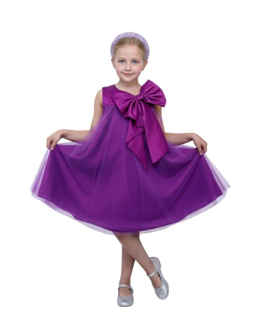 Big Bow Front Party Dress Dark Purple