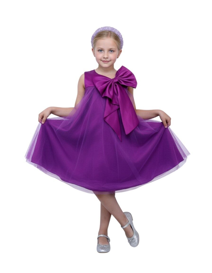 Big Bow Front Party Dress Dark Purple