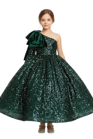 Heavy Sequins Side Bow Party Dress Girls Green