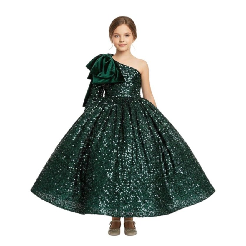 Heavy Sequins Side Bow Party Dress Girls Green