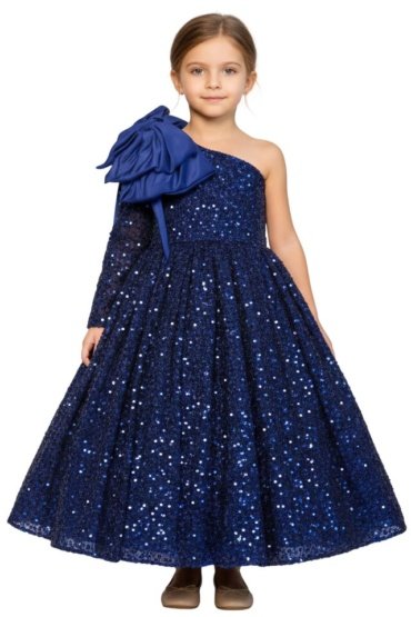 Heavy Sequins Side Bow Party Dress Girls Navy Blue