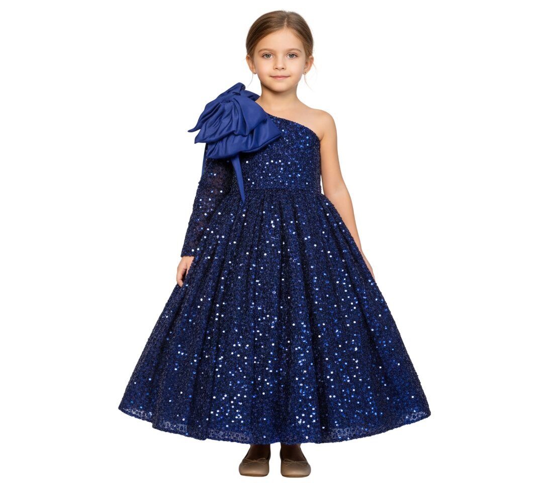 Heavy Sequins Side Bow Party Dress Girls Navy Blue