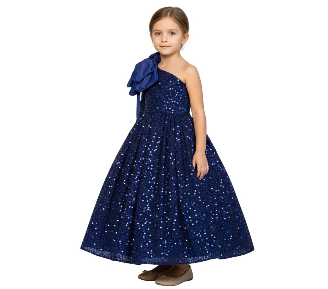 Heavy Sequins Side Bow Party Dress Girls Navy Blue – photo 2