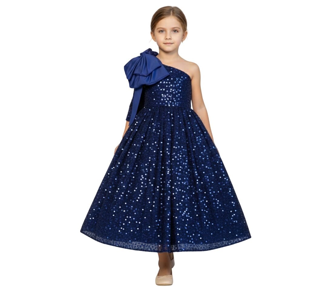 Heavy Sequins Side Bow Party Dress Girls Navy Blue – photo 3