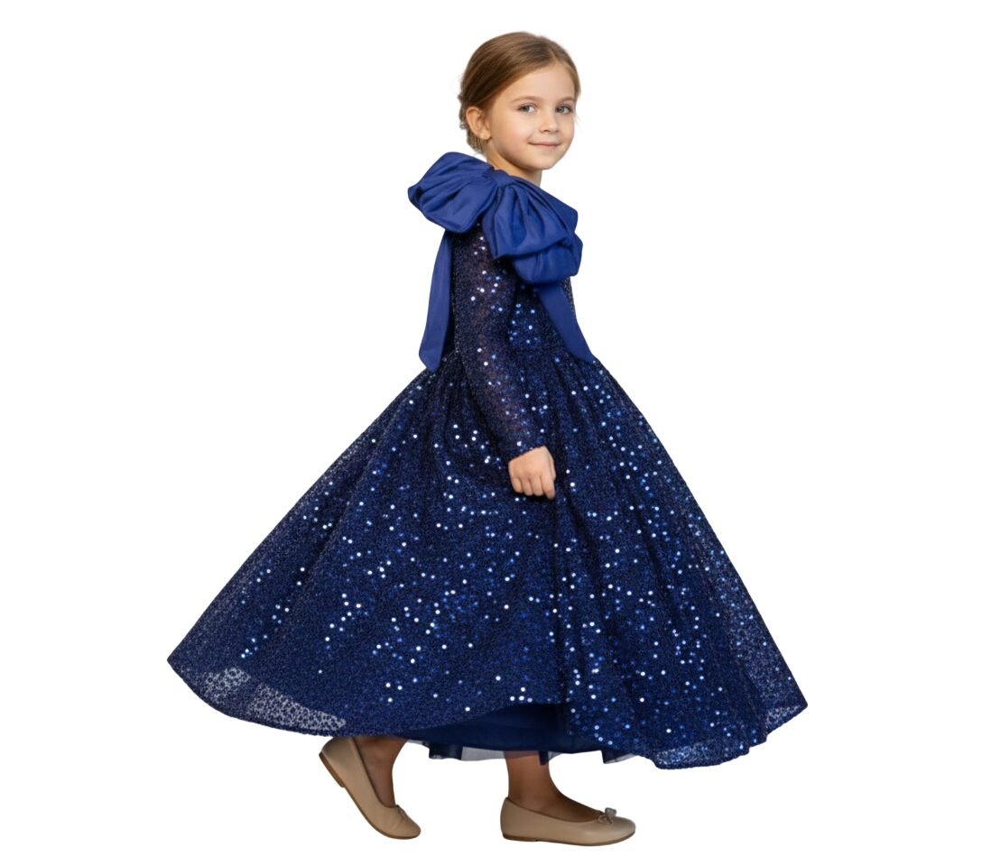 Heavy Sequins Side Bow Party Dress Girls Navy Blue – photo 4