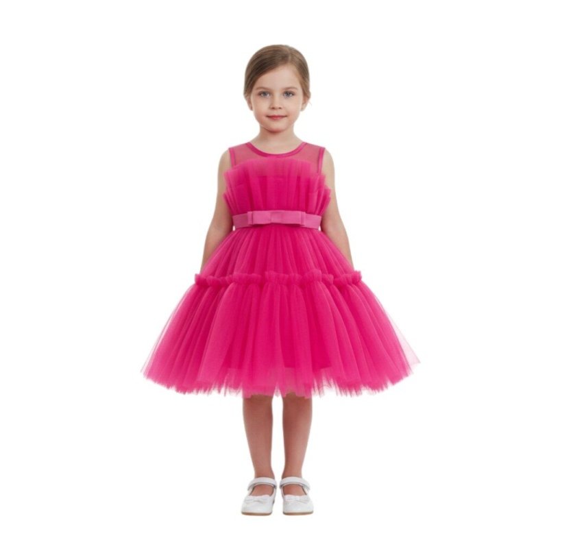 Toddler Girls Bow Front Ruffle Hem Mesh Gown Dress Hot Pink