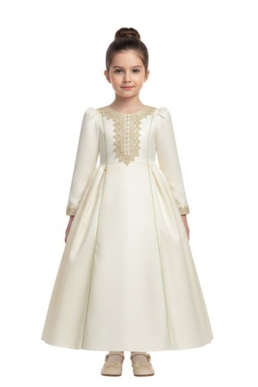 Zara Embroidered Cream Jalabiya Abaya with Tie-Up Belt and Sleeves -for Girl