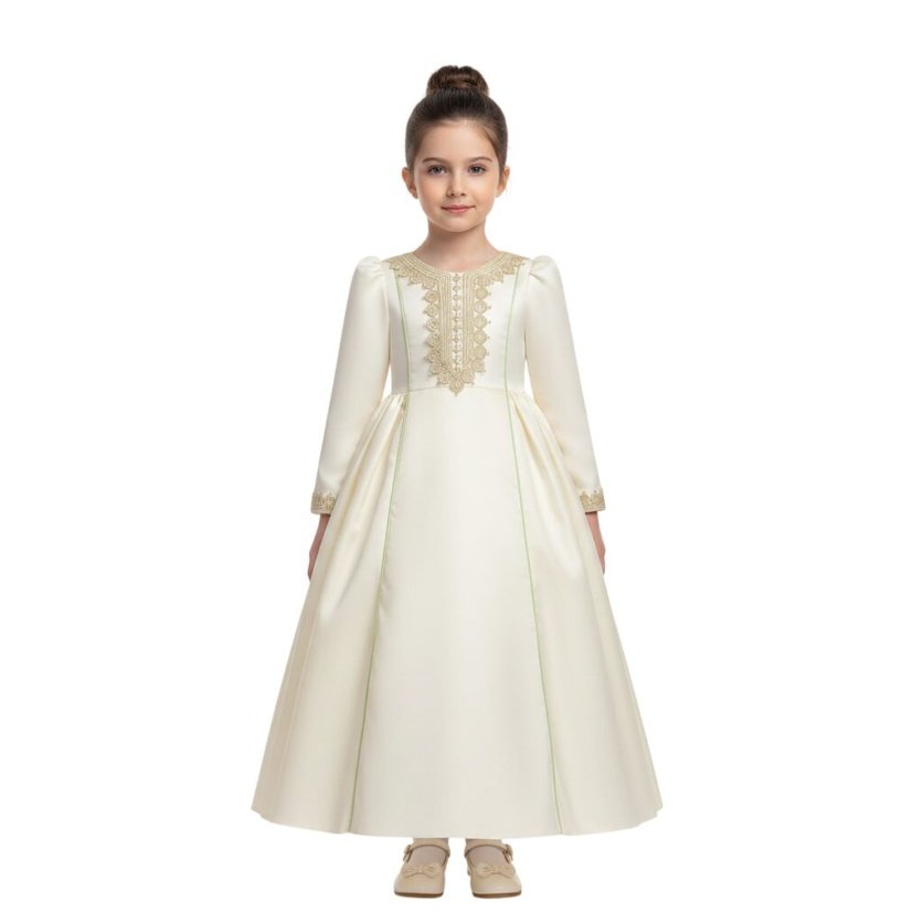 Zara Embroidered Cream Jalabiya Abaya with Tie-Up Belt and Sleeves -for Girl