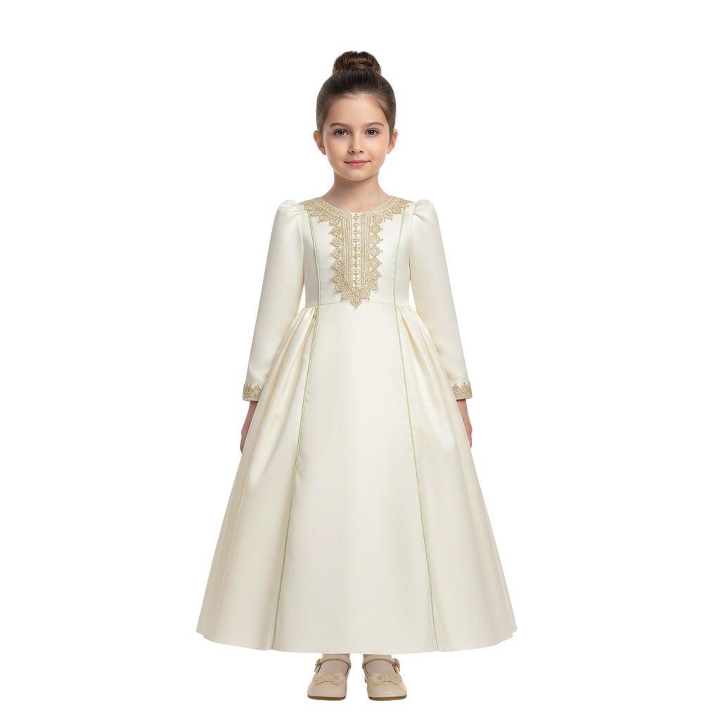 Zara Embroidered Cream Jalabiya Abaya with Tie-Up Belt and Sleeves -for Girl