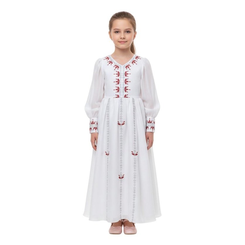 Mariam Embroidered White Jalabiya Abaya with Tie-Up Belt and Sleeves -for Girl