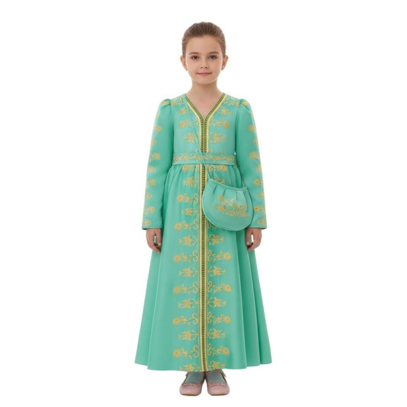 Liya Embroidered Tiffany Jalabiya Abaya with Tie-Up Belt and Sleeves -for Girl