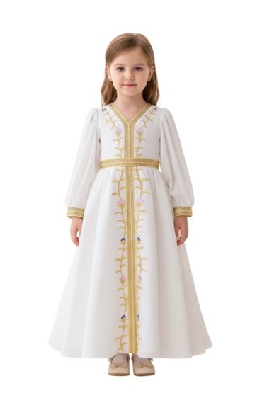 Aria Embroidered White Jalabiya Abaya with Tie-Up Belt and Sleeves -for Girl