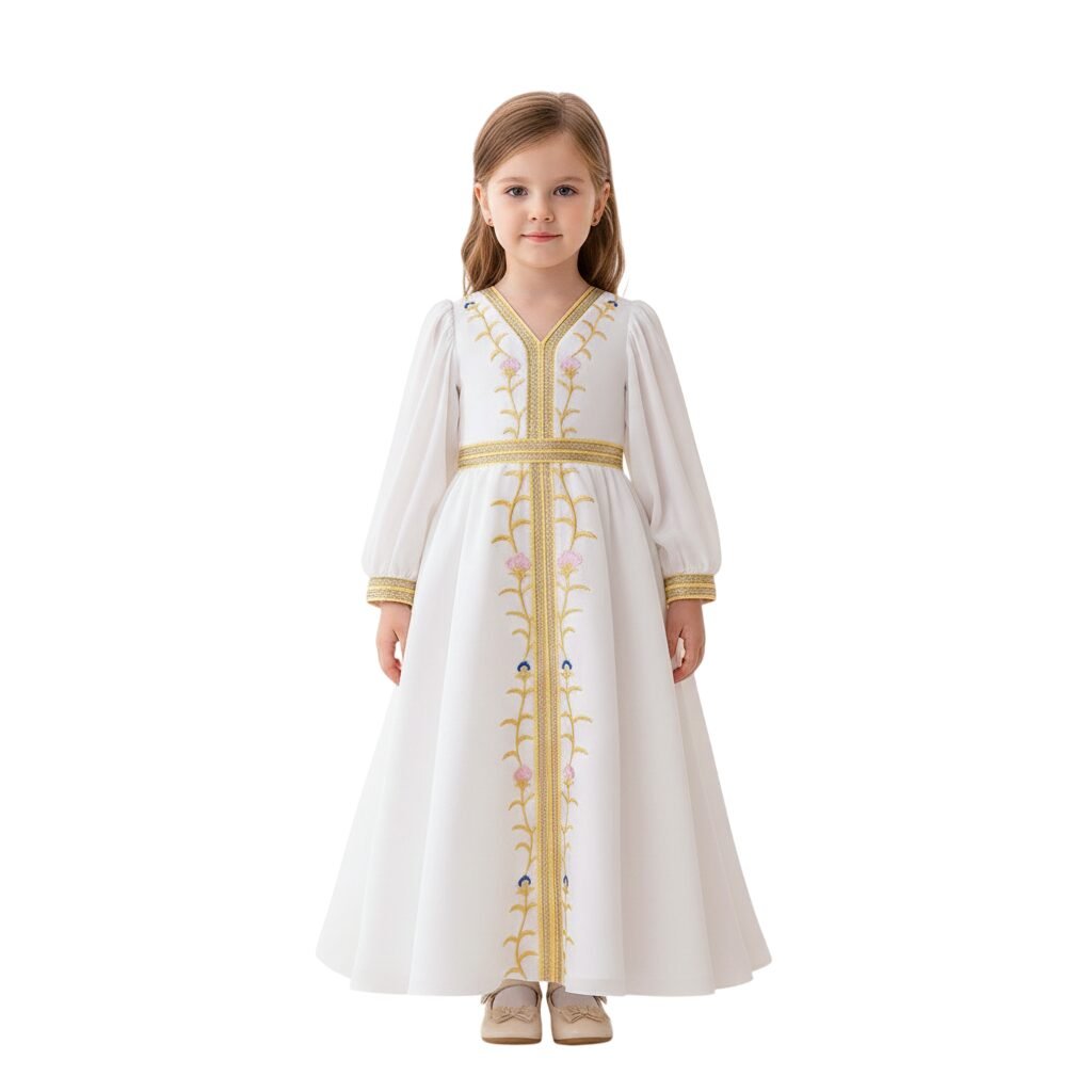Aria Embroidered White Jalabiya Abaya with Tie-Up Belt and Sleeves -for Girl