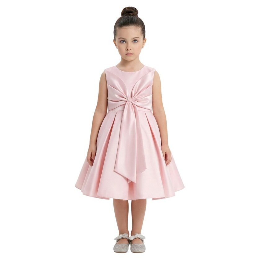 Fluffy Party Dress with the Bowl in front for Girls Light Pink Colour