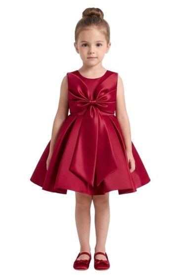 Fluffy Party Dress with the Bowl in front for Girls - Burgundy
