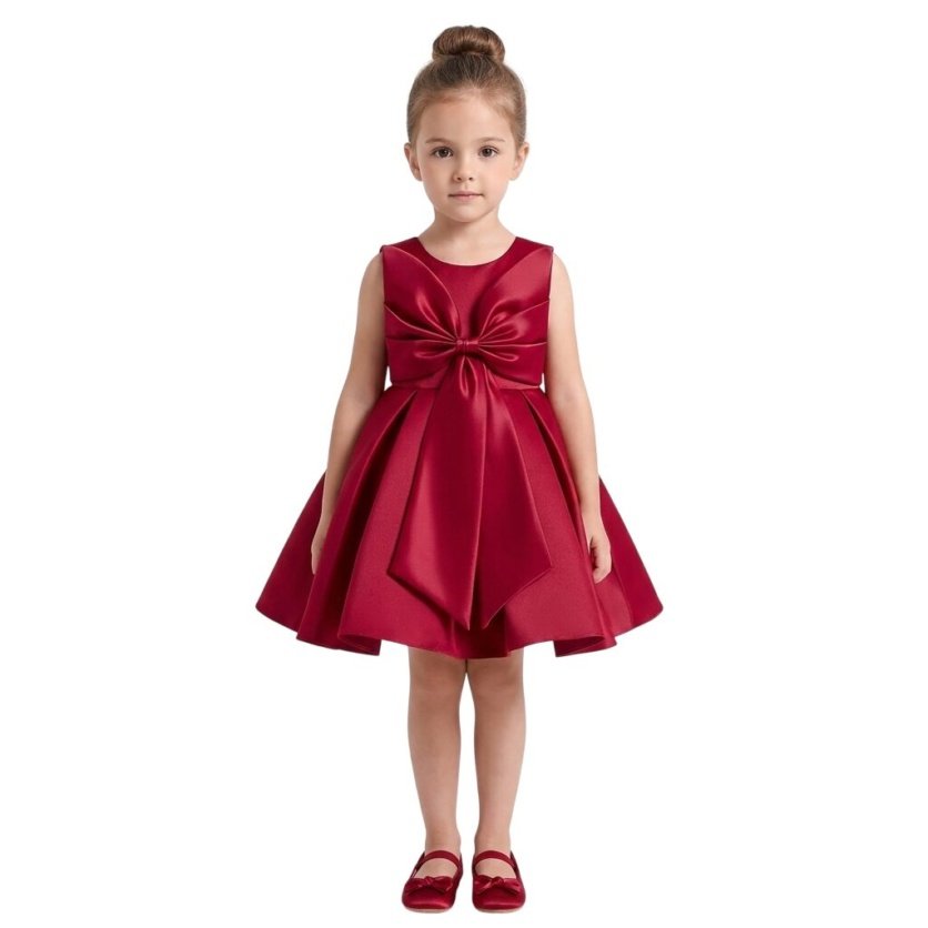 Fluffy Party Dress with the Bowl in front for Girls - Burgundy