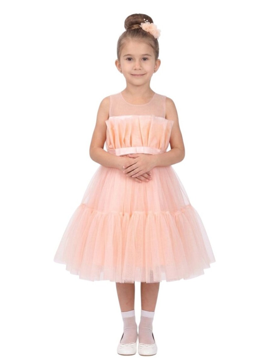 D- Daniela - Toddler Girls Bow Front Ruffle Hem Mesh Gown Dress Light Pink TI
