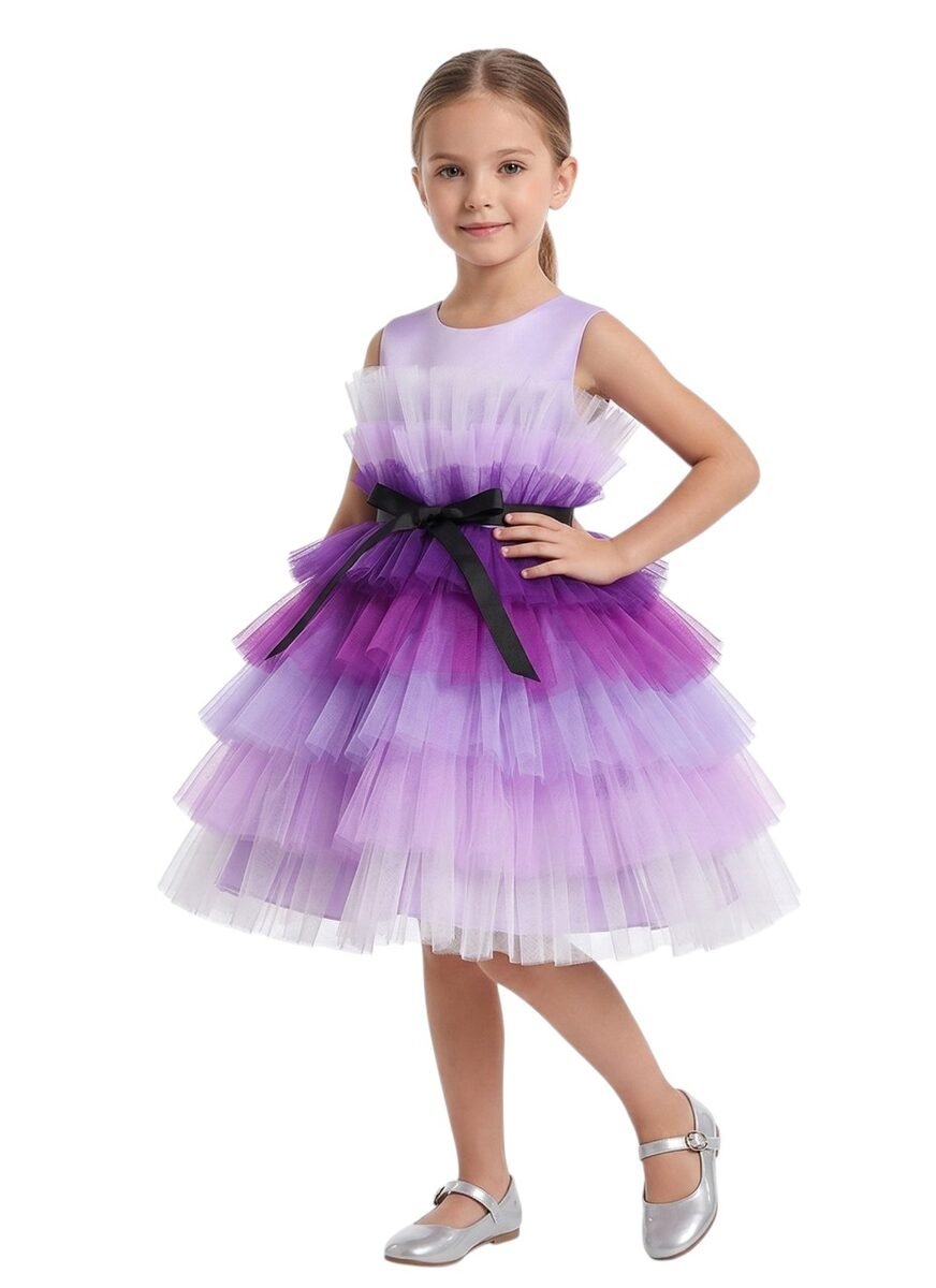D' Daniela -Toddler Girls Bow Front Ruffle Hem Mesh Gown Dress Purple Shaded