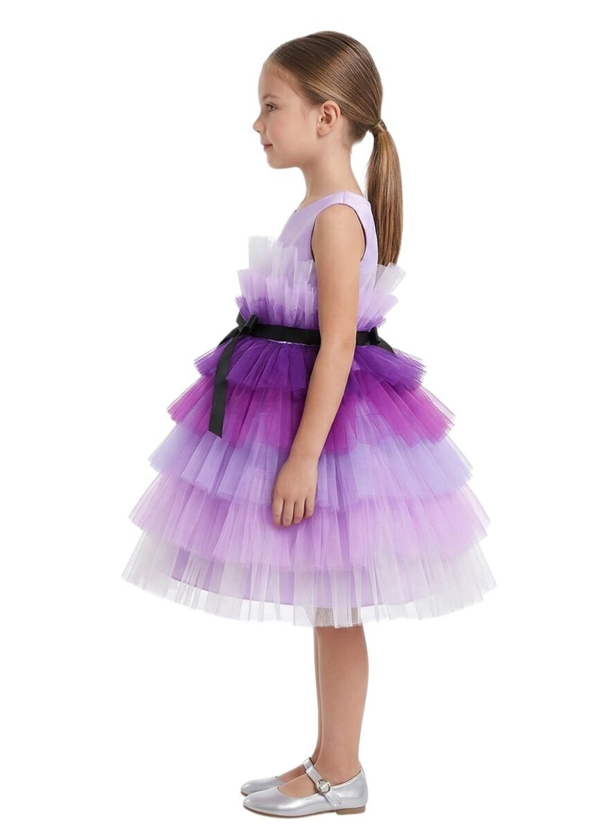 D' Daniela -Toddler Girls Bow Front Ruffle Hem Mesh Gown Dress Purple Shaded – photo 2