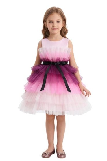 D' Daniela -Toddler Girls Bow Front Ruffle Hem Mesh Gown Dress Pink Shaded