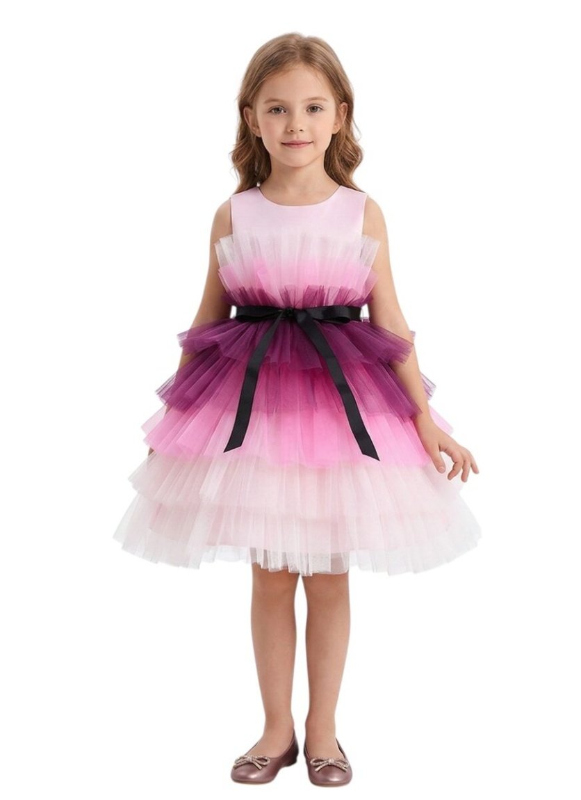 D' Daniela -Toddler Girls Bow Front Ruffle Hem Mesh Gown Dress Pink Shaded
