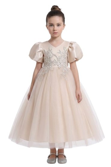 Puff Sleeve Long Tulle Pearl Dress Champagne