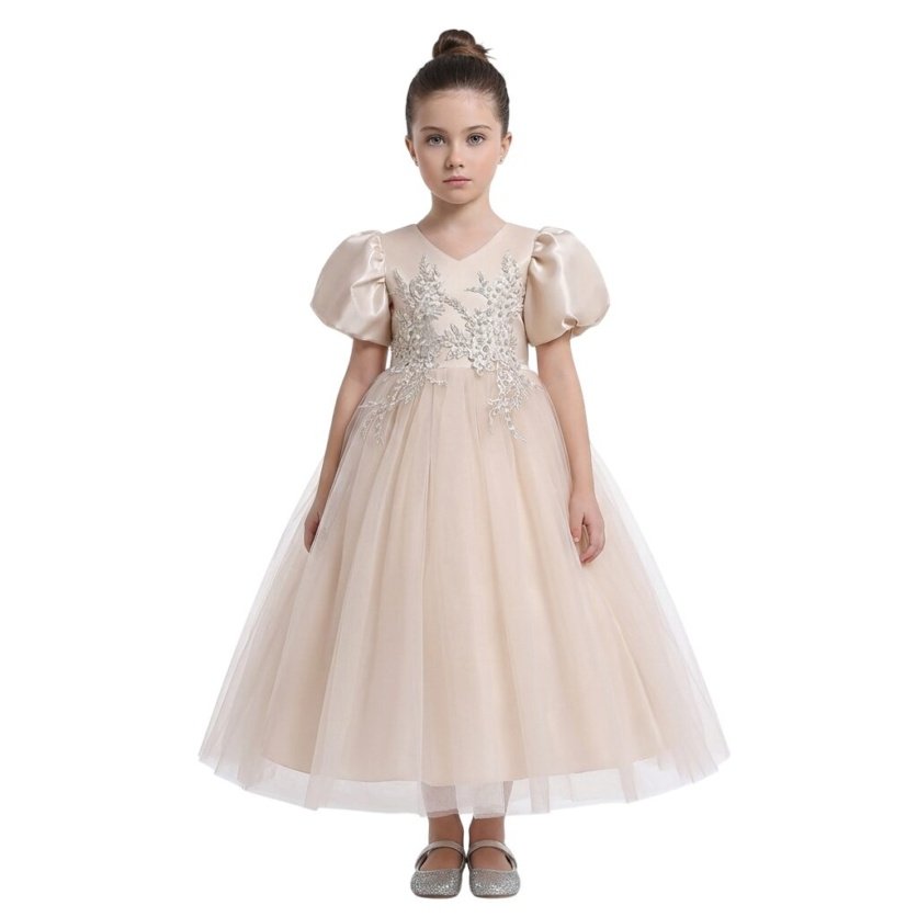 Puff Sleeve Long Tulle Pearl Dress Champagne