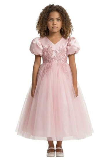 Puff Sleeve Long Tulle Pearl Dress Pink