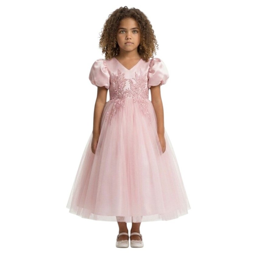 Puff Sleeve Long Tulle Pearl Dress Pink