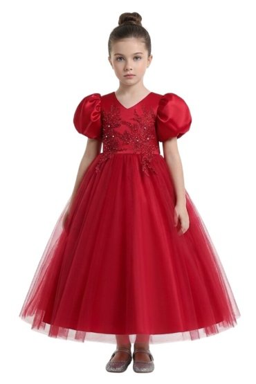 Puff Sleeve Long Tulle Pearl Dress Red