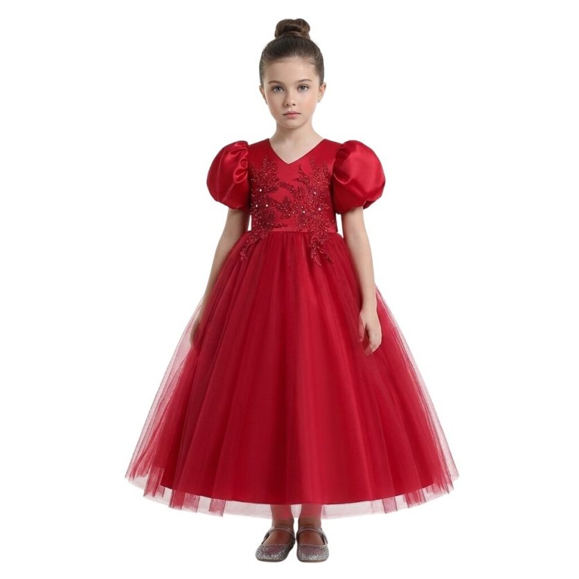 Puff Sleeve Long Tulle Pearl Dress Red