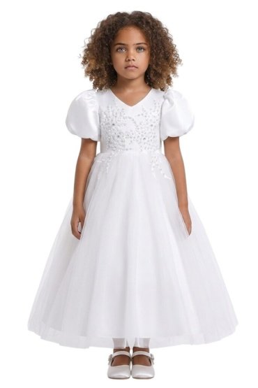 Puff Sleeve Long Tulle Pearl Dress White