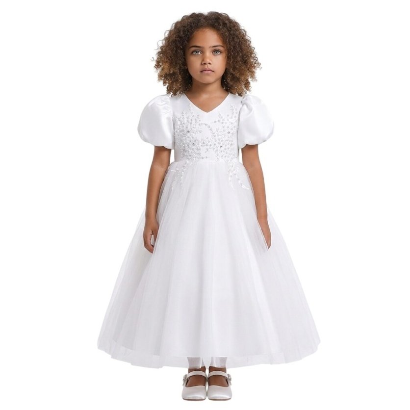 Puff Sleeve Long Tulle Pearl Dress White