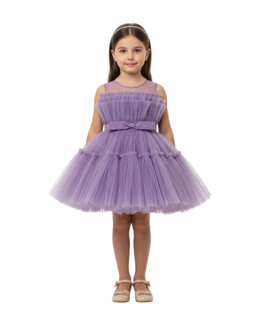 Toddler Girls Bow Front Ruffle Hem Mesh Gown Dress Purple TI