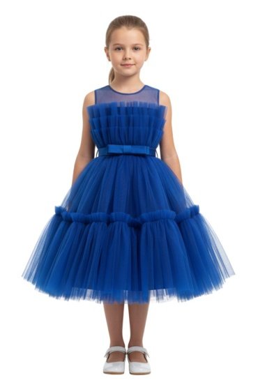 Toddler Girls Bow Front Ruffle Hem Mesh Gown Dress Royal Blue