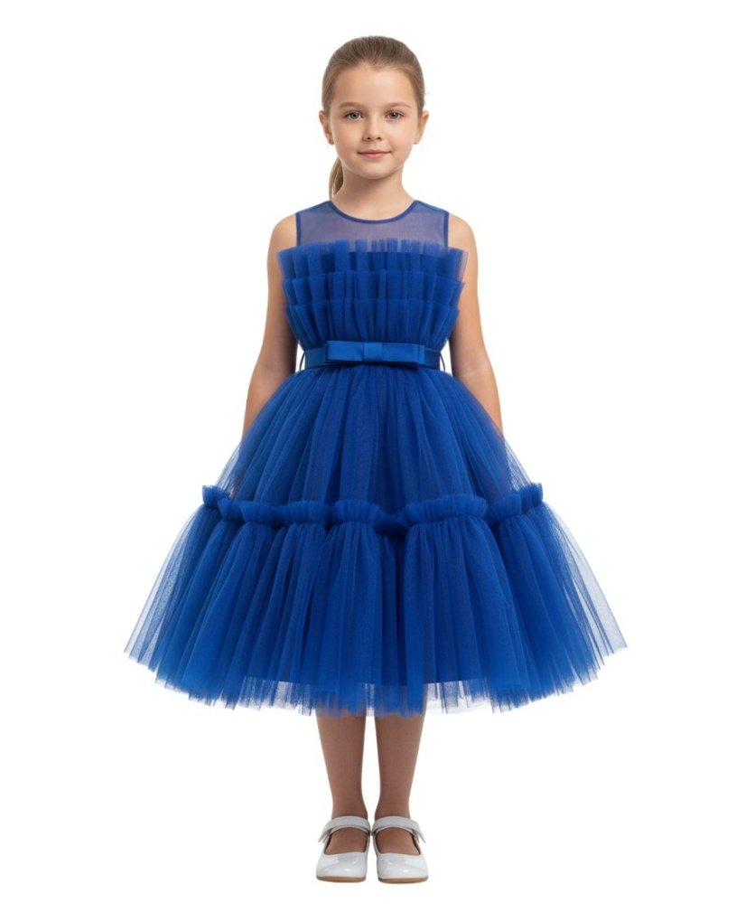 Toddler Girls Bow Front Ruffle Hem Mesh Gown Dress Royal Blue