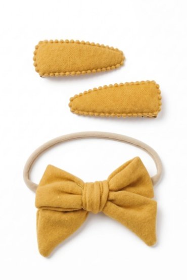 Sara Ribbon Bow Clip Set with Ponytail For Babies and Girls - Mustard Yellow