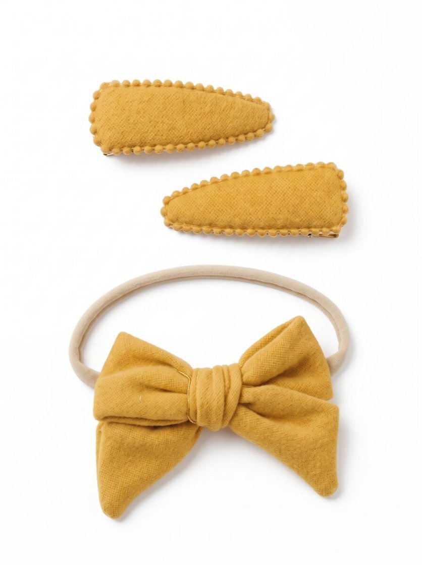 Sara Ribbon Bow Clip Set with Ponytail For Babies and Girls Mustard Yellow – Pony dress for girls – D'Daniela