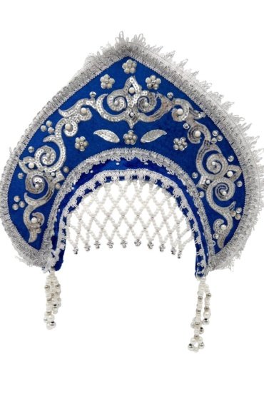 Women's Traditional Headdress Kokoshnik - Dark Blue with Silver Beads