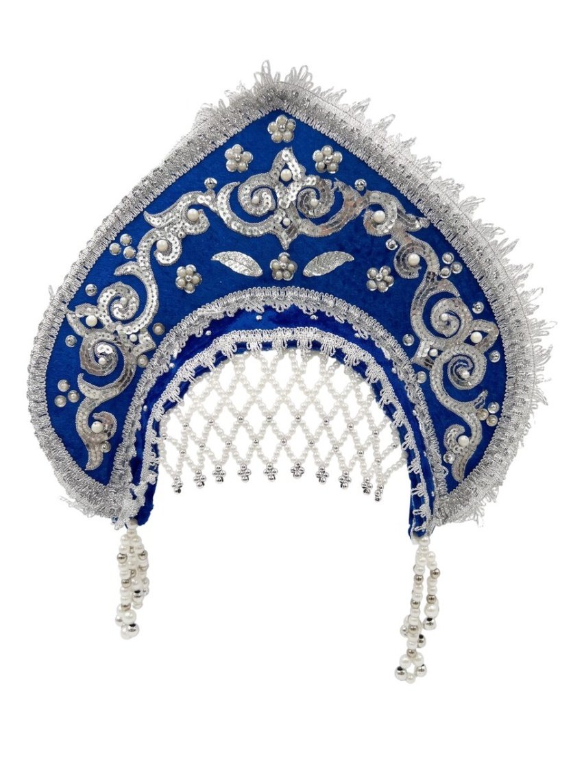 Women's Traditional Headdress Kokoshnik - Dark Blue with Silver Beads