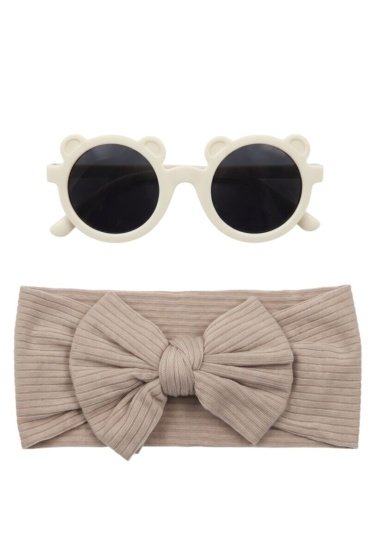 Leila Rainbow Glasses and Bow Barrette Ponytail Set For Babies and Girls - Beige