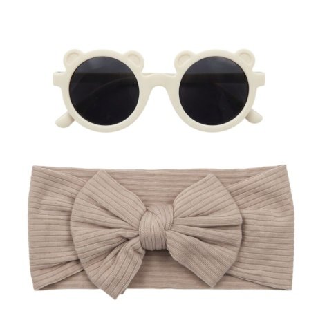 Leila Rainbow Glasses and Bow Barrette Ponytail Set For Babies and Girls - Beige