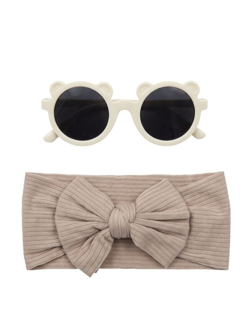 Leila Rainbow Glasses and Bow Barrette Ponytail Set For Babies and Girls - Beige