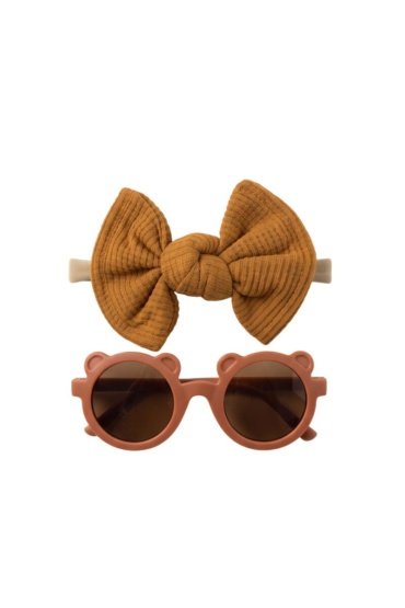 Romina Glasses and Bow Barrette Ponytail Set For Babies and Girls - Rusty Brown